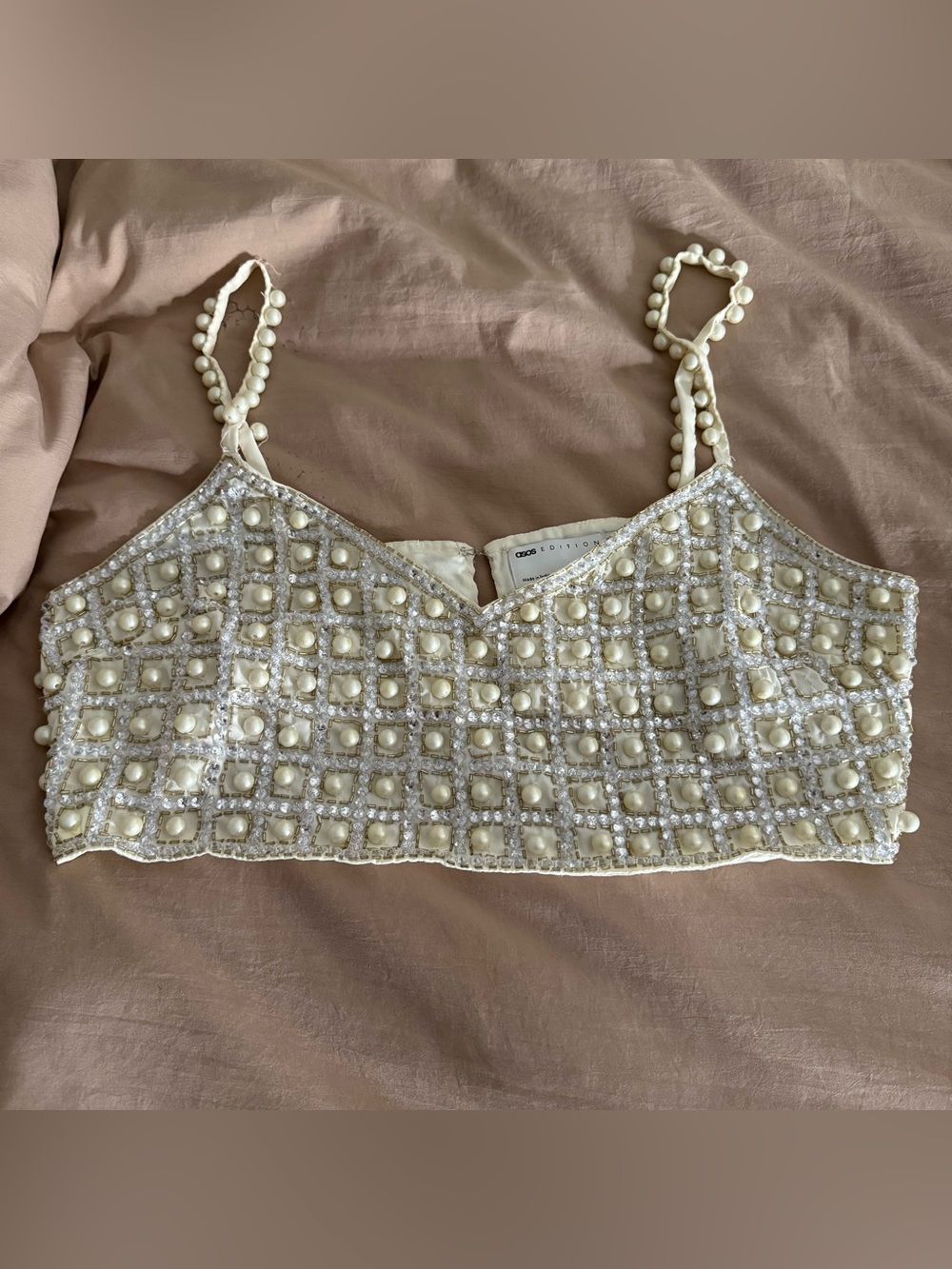 ASOS Cream Beaded Pearl-Trim Crop Top sz 14